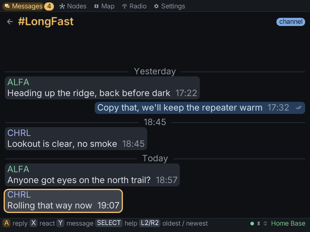 A channel thread, with sent and received messages