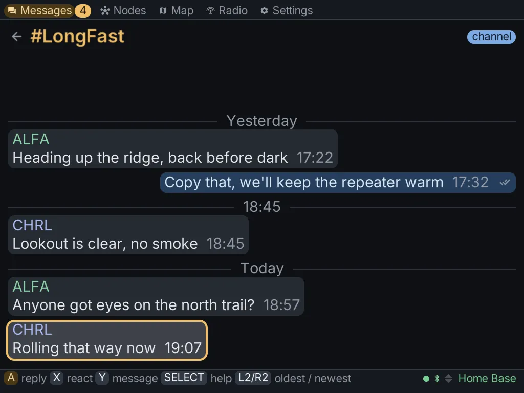A channel conversation with sent and received messages
