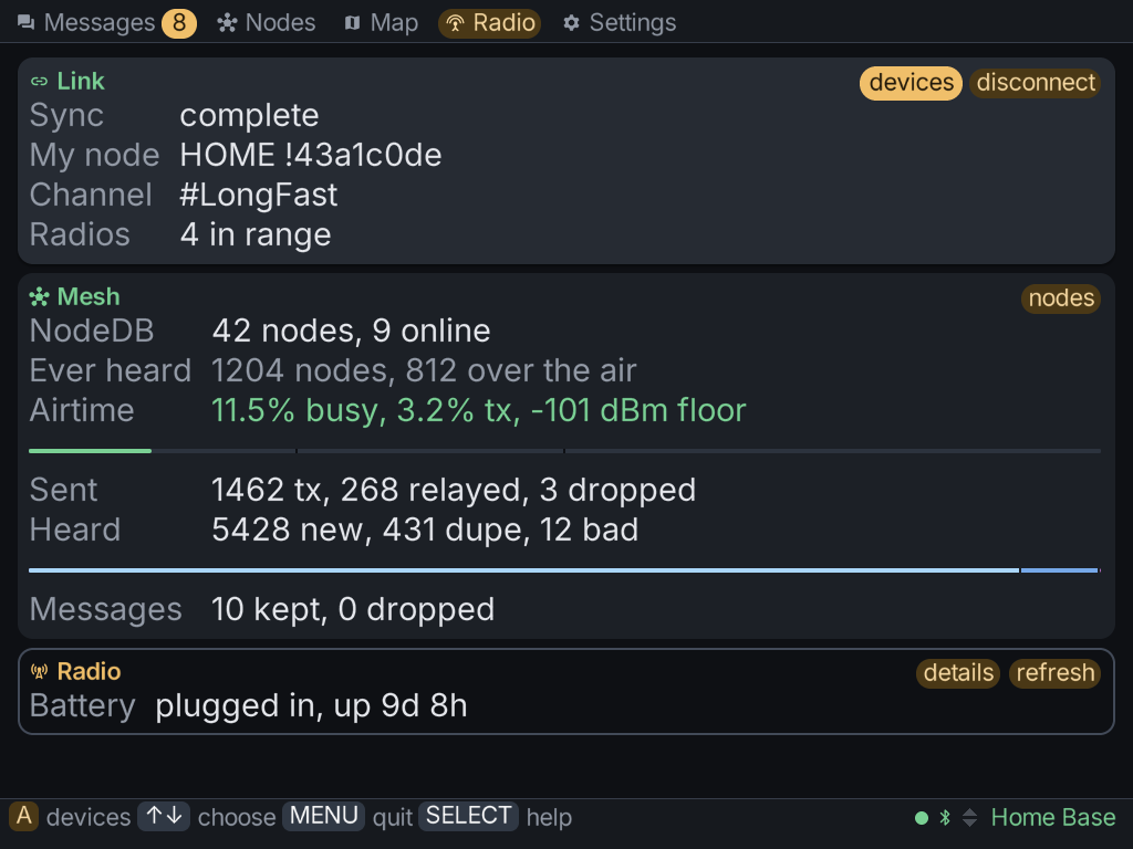 The Radio tab: link, mesh and radio cards